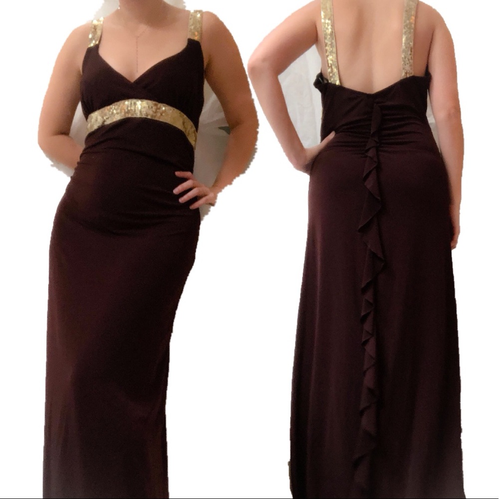 Brown and gold sequined floor length gown